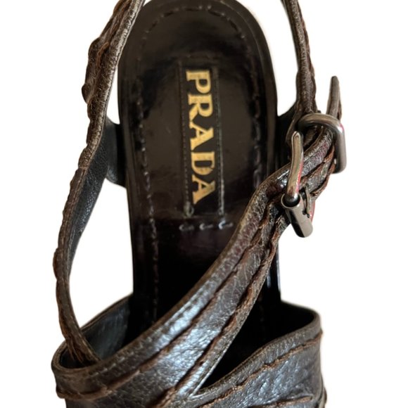 Prada distressed leather, wood platform/heel shoes Size 5 - Picture 8 of 10